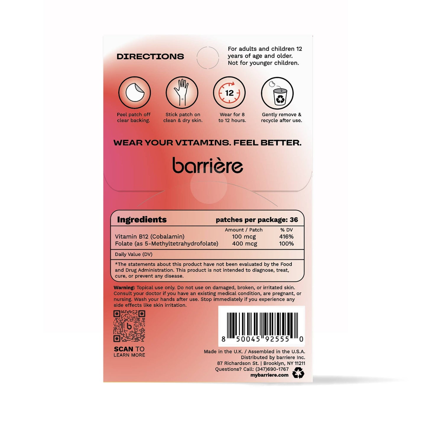 ENERGY BOOST clean Vitamin B12 patch 36pk icon symbols