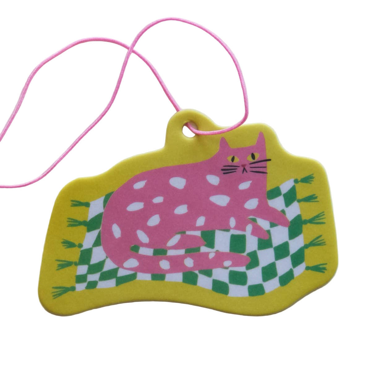 Colorful cat-shaped air freshener with a pink cat on a green and white checkered rug, attached to a pink string.
