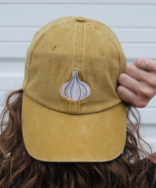 Garlic Embroidered Hat in Washed Mustard