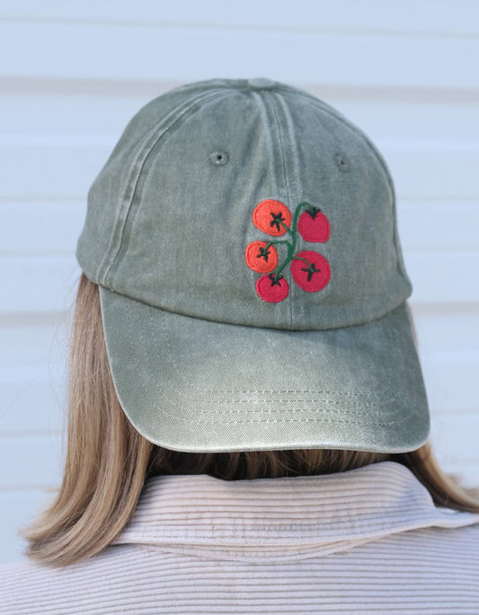 Tomato Vine Embroidered Hat, Washed Green